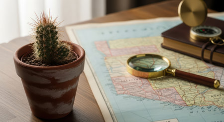 Cactus in clay pot with magnifying glass on usa map and compassの素材