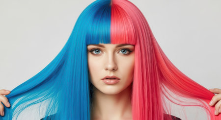Young caucasian female with blue and pink split hairstyleの素材