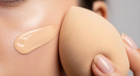 Close-up of foundation application on female skin using makeup spongeの素材