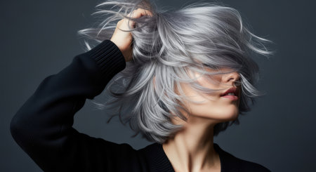 Young caucasian female with stylish short gray hair in motion against dark backgroundの素材