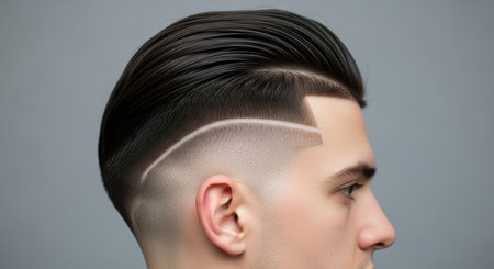 Stylish male haircut with fade and part - young caucasian man's modern hair designの素材