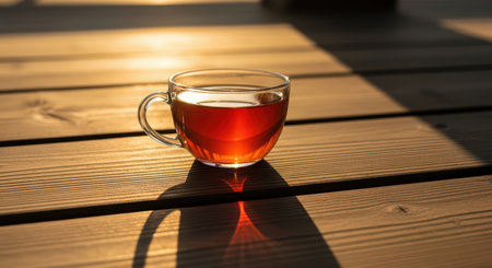 Glass cup of tea on wooden table at sunset with warm sunlightの素材