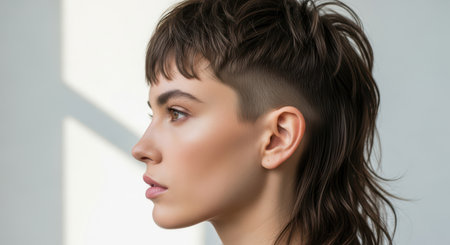 Young female with modern mullet hairstyle and shaved sides in profile viewの素材