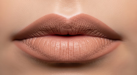 Close-up of neutral nude lipstick on female lipsの素材