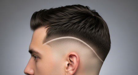 Caucasian young male with modern fade haircut and stylish designの素材