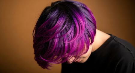 Asian young woman with vibrant purple hair against brown backgroundの素材