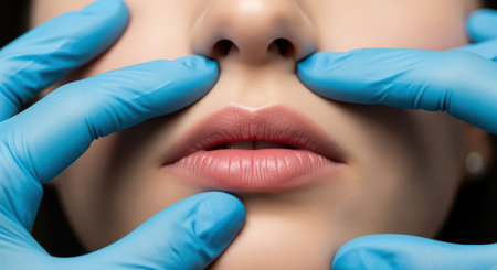 Close-up of female mouth with blue gloved hands touching faceの素材