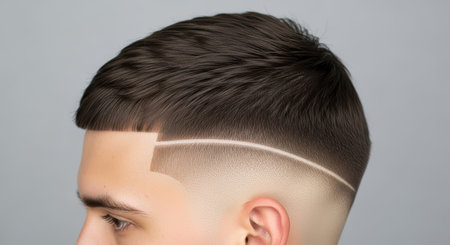 Young caucasian male with geometric fade hairstyle close-upの素材