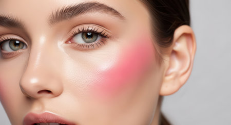 Young caucasian female with rosy cheeks and flawless skin close-upの素材
