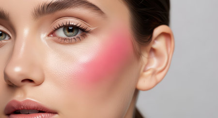 Young caucasian female with pink blush makeup close-upの素材