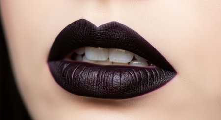 Close-up of female wearing dark plum lipstick on perfectly shaped lipsの素材