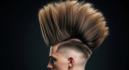 Caucasian male teen with extreme mohawk hairstyle against dark backgroundの素材