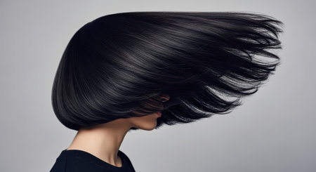 Asian female model with sleek bob hairstyle in motionの素材