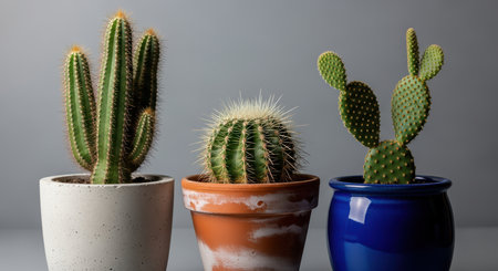 Variety of cacti in pots against gray backgroundの素材