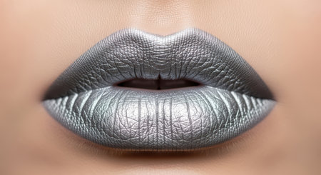 Silver metallic lips with glossy texture on caucasian femaleの素材