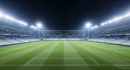 Illuminated empty soccer stadium at night with bright floodlightsの素材