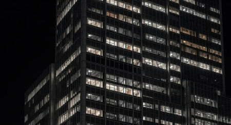 Nighttime view of illuminated office skyscraper in urban cityscapeの素材