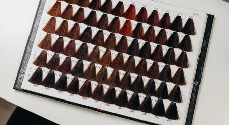 Diverse hair color swatch book showcasing various shades of brown and redの素材