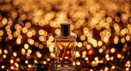 Elegant perfume bottle with golden bokeh lights backgroundの素材