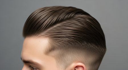 Young caucasian male with stylish undercut hairstyle on gray backgroundの素材