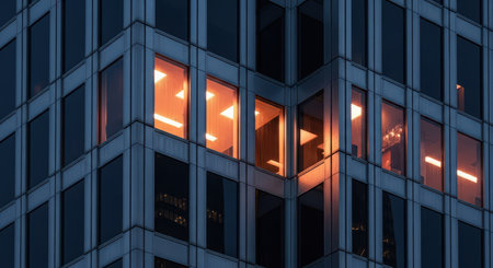 Lit office windows at night in modern skyscraper cornerの素材