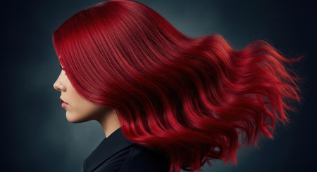 Female with vibrant red hair in dark studio profileの素材