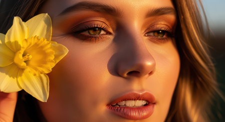 Young caucasian female with yellow flower in sunlightの素材