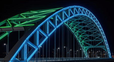 Illuminated blue green steel arch bridge at night with neon lightsの素材