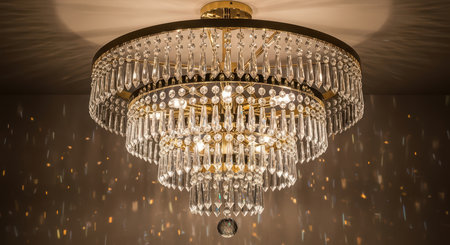Elegant crystal chandelier with sparkling glass prisms and gold accentsの素材