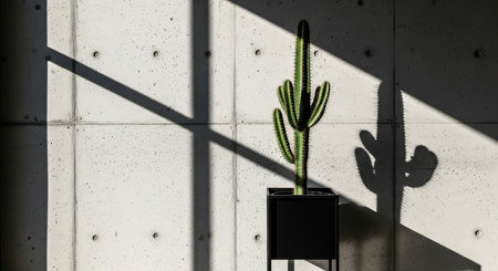Sunlit cactus casting shadow on minimalist concrete wallの素材