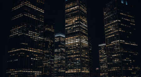 Skyscrapers illuminated at night: urban landscape and architectural designの素材