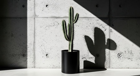 Cactus in black pot casting shadow on concrete wallの素材