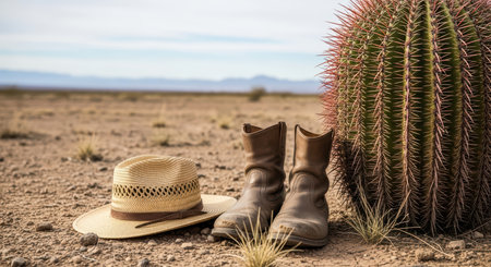 Desert scene with cowboy hat, boots, and cactus in arid landscapeの素材