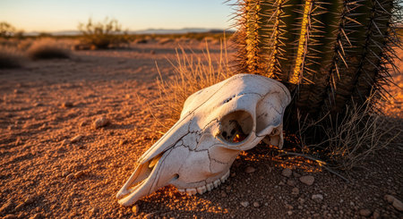 Animal skull and cactus in desert sunset landscapeの素材