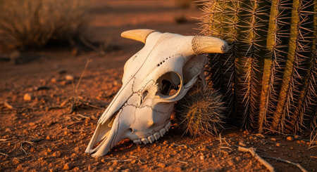 Animal skull in desert by cactus at sunsetの素材