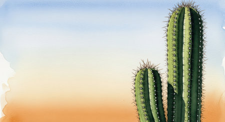 Tall green cacti in serene desert watercolor landscapeの素材