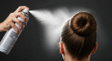 Female hair styling with hairspray on bun against dark backgroundの素材