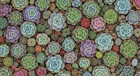 Colorful succulent arrangement with varied cactus patternsの素材