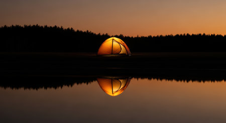 Serene lakeside camping at sunset with tent reflection in tranquil waterの素材