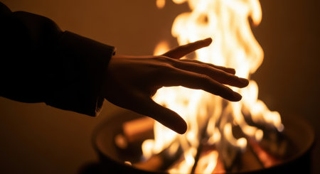 Female hand reaching toward a warm campfire in a cozy settingの素材