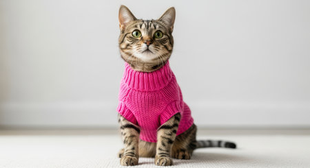 Tabby cat wearing pink sweater sitting indoors looking curiousの素材