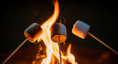 Toasting marshmallows over open campfire flame at nightの素材