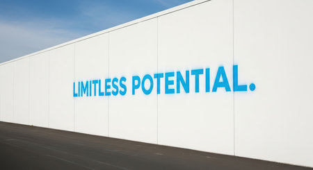 Blue graffiti message on white wall emphasizing limitless potential and motivationの素材