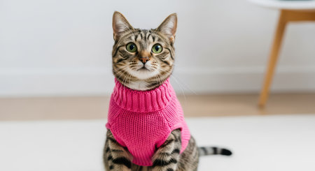 Tabby cat in pink sweater sitting indoors on carpetの素材