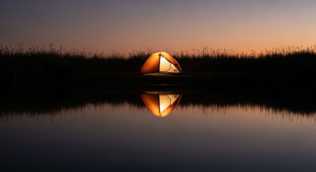 Peaceful sunset camping by the lake with glowing tent reflectionの素材