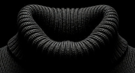 Black knit turtleneck sweater close-up against black backgroundの素材