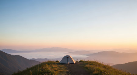 Solitary tent at sunrise on mountain peak overlooking misty valleysの素材