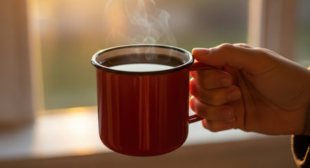 Warm coffee in red mug held by hand near window on a sunny morningの素材