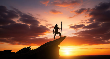 Silhouette of prehistoric male figure at sunset on rocky cliffの素材