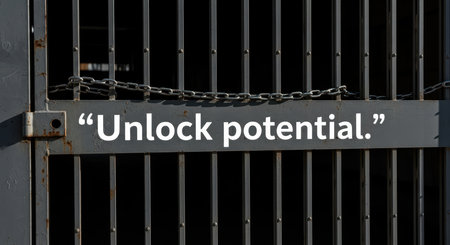 Unlock potential: motivational quote on metal gate with chainsの素材